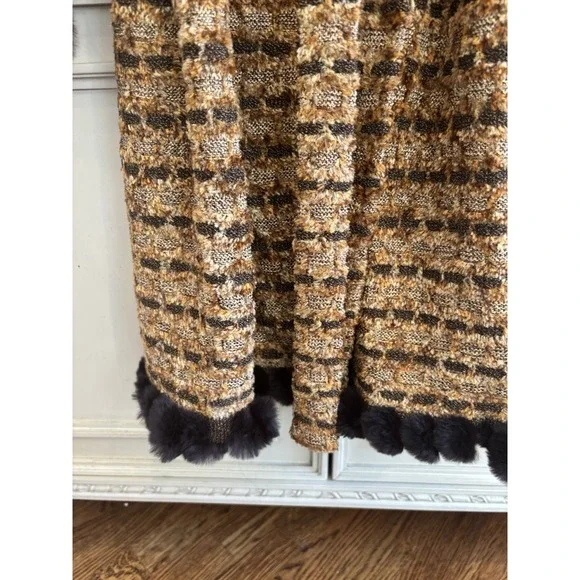 St John Sport Knit Long coat jacket multi brown with fur trim belt NWOT Small‎